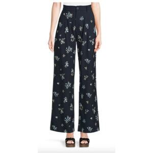 Driftwood Blue Floral Embroidered Pleated Pants, Navy Blue, Large, NWT 148$